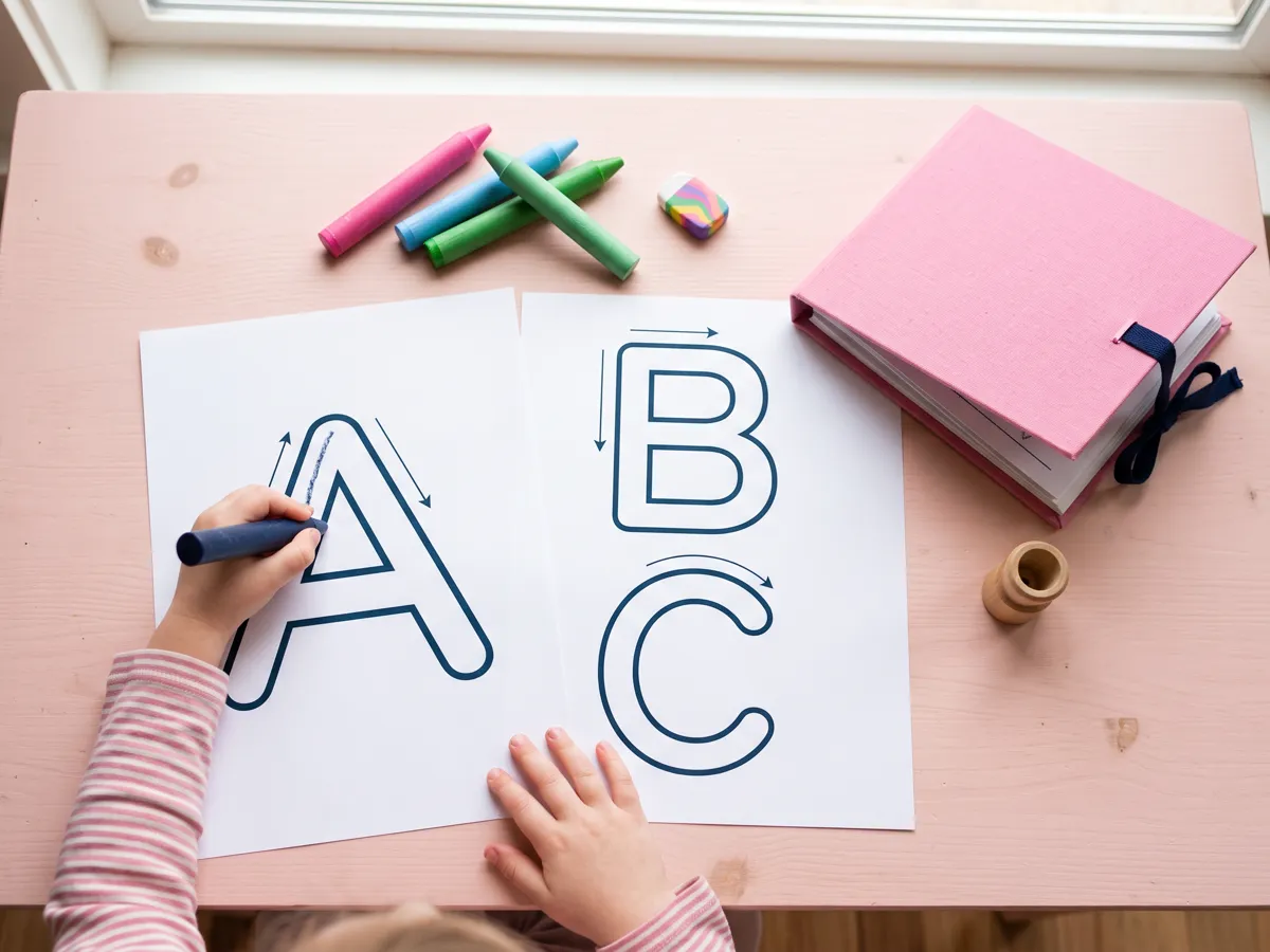 Uppercase letter tracing sheets with big hollow letters, chunky crayons and small hands tracing