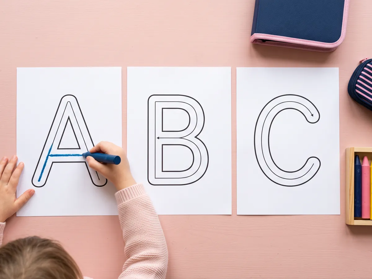 Alphabet tracing sheet with big A-Z letters and small hands holding a chunky crayon