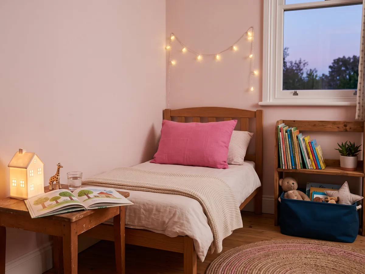 Cozy kid bedroom corner at dusk with small bed, open picture book and glowing nightlight