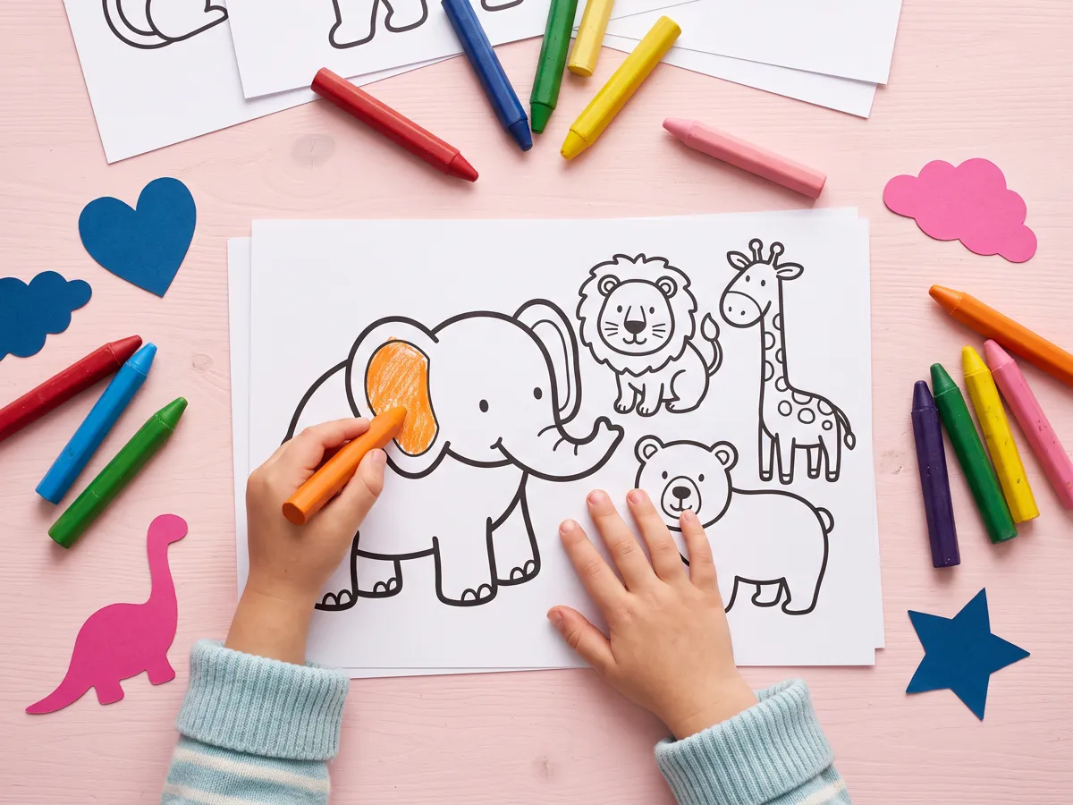 Coloring pages with chunky animal outlines and crayons on a table with small hands coloring