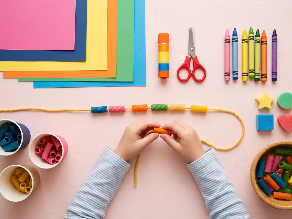 Kids craft flat-lay with paper, blunt-tip scissors, crayons and small hands cutting