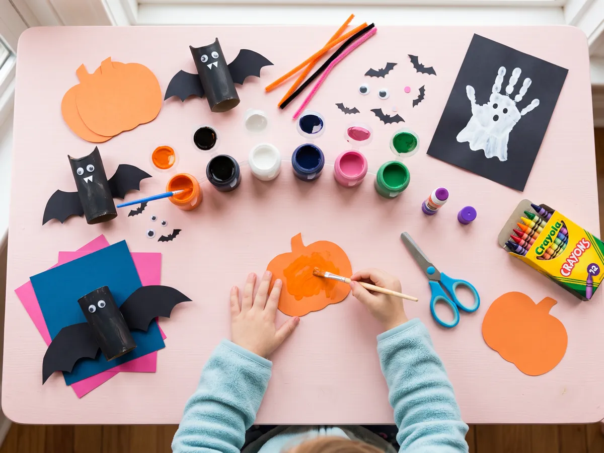 Kids Halloween craft flat-lay with paper pumpkins, toilet-roll bats and small hands painting