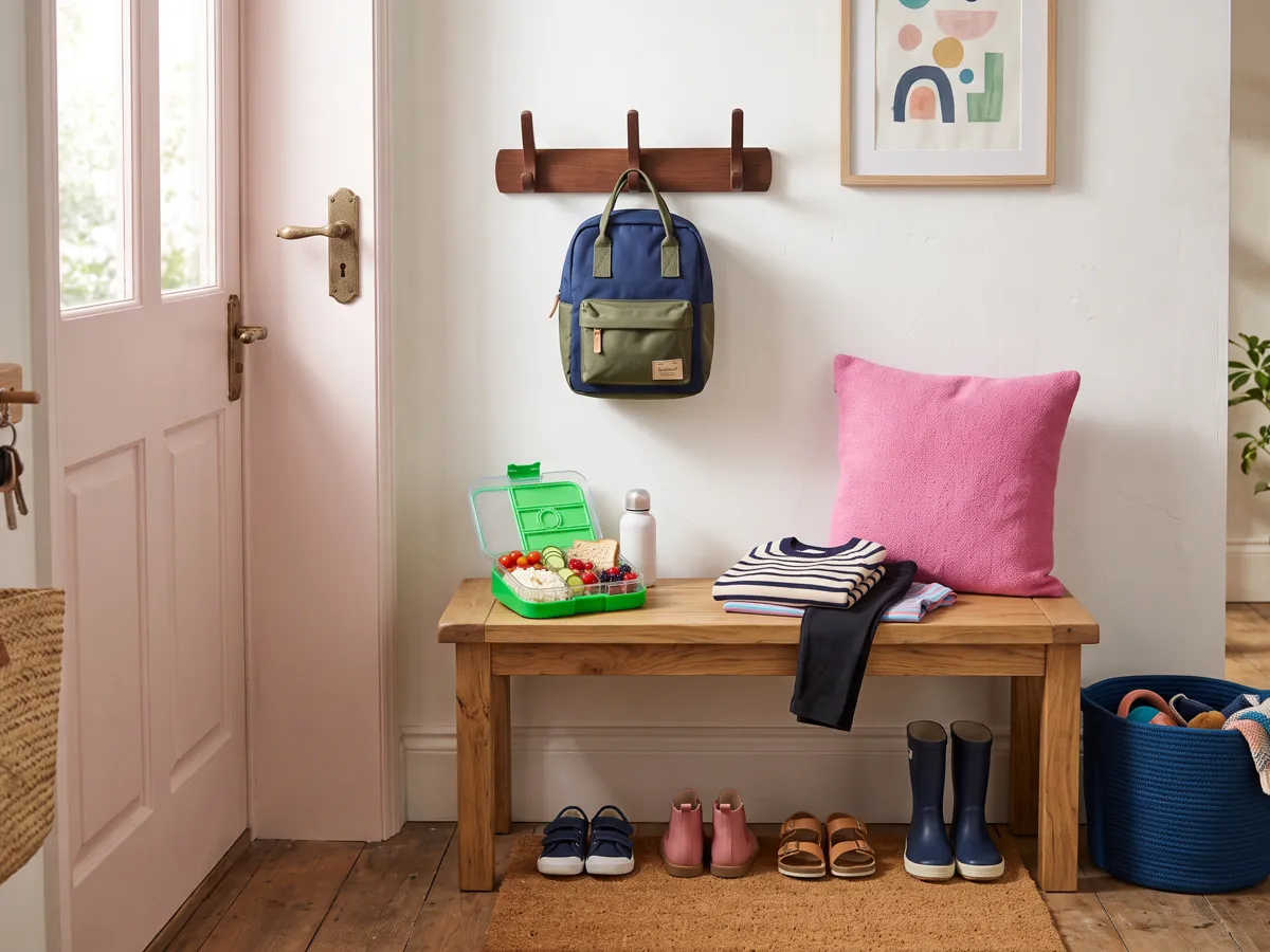 School morning launch pad with backpack, laid-out clothes and packed lunchbox by the door