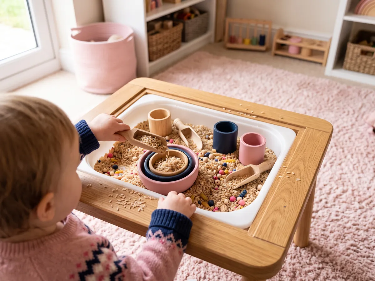 Toddler hands scooping sensory rice with cups on a low table tray