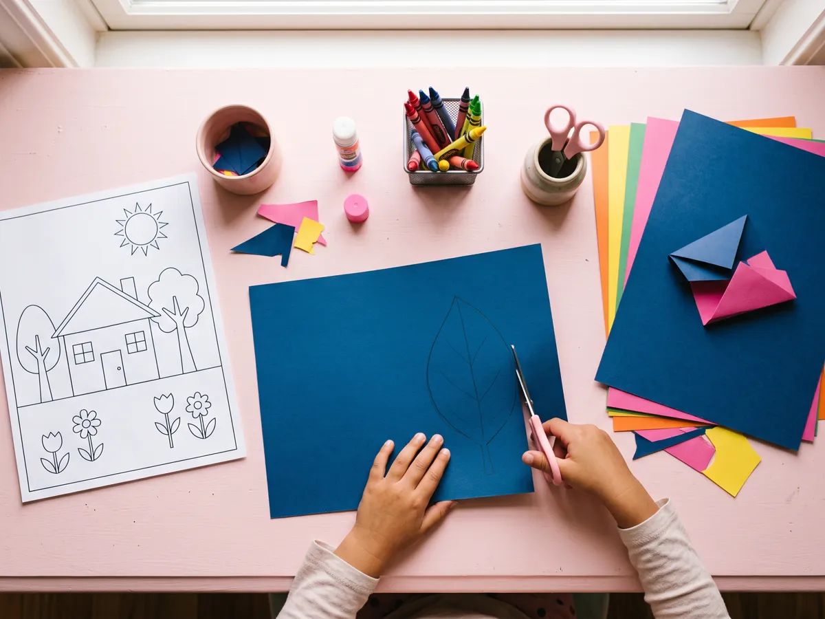 Kids craft flat-lay with paper, safety scissors, crayons and small hands cutting